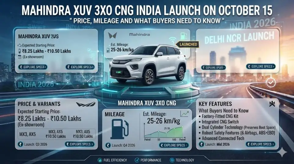 Mahindra XUV 3XO CNG India Launch on October 15 – Price, Mileage and What Buyers Need to Know?